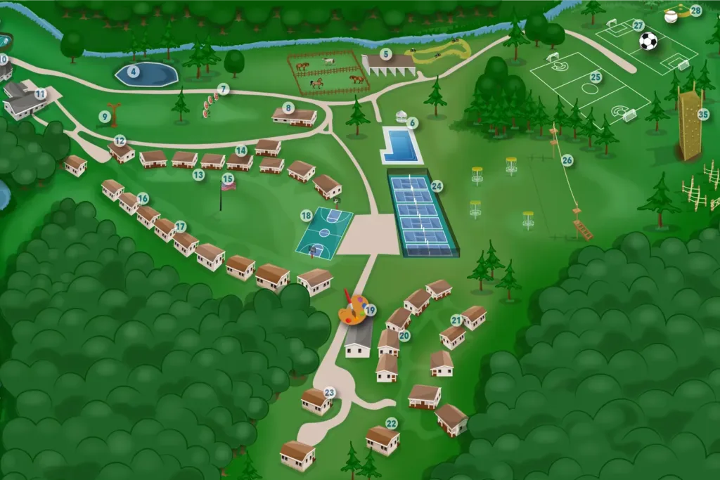 An illustrated map of camp twin creeks