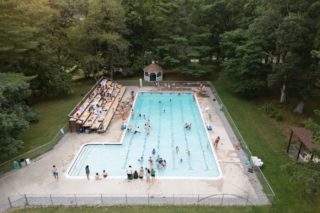 Aerial shot of the pool at camp twin creeks